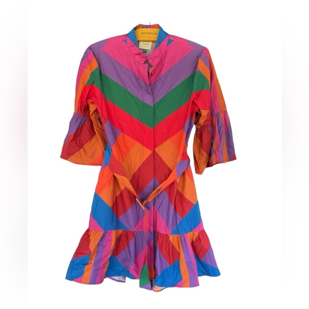Farm Rio Amanda Stripes Colorful Striped Mini Tiered Ruffle Button Front Dress - Picture 3 of 6